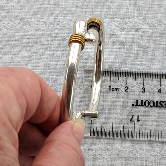 Taxco 27g Sterling Clamper Bypass Bracelet w Brass Detail. Optional 3/4" Hoops - Picture 11 of 14